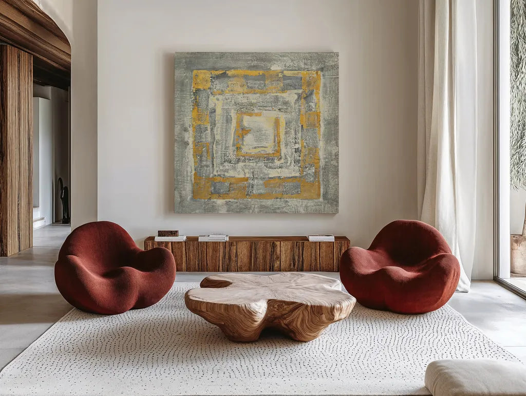 Gold Tapestry II Gold and White by Albena Hristova. Shown as extra-large giant wall art in a modern living room. Available as an archival giclee rolled canvas, fine art paper, or poster print. SKU 26171a.