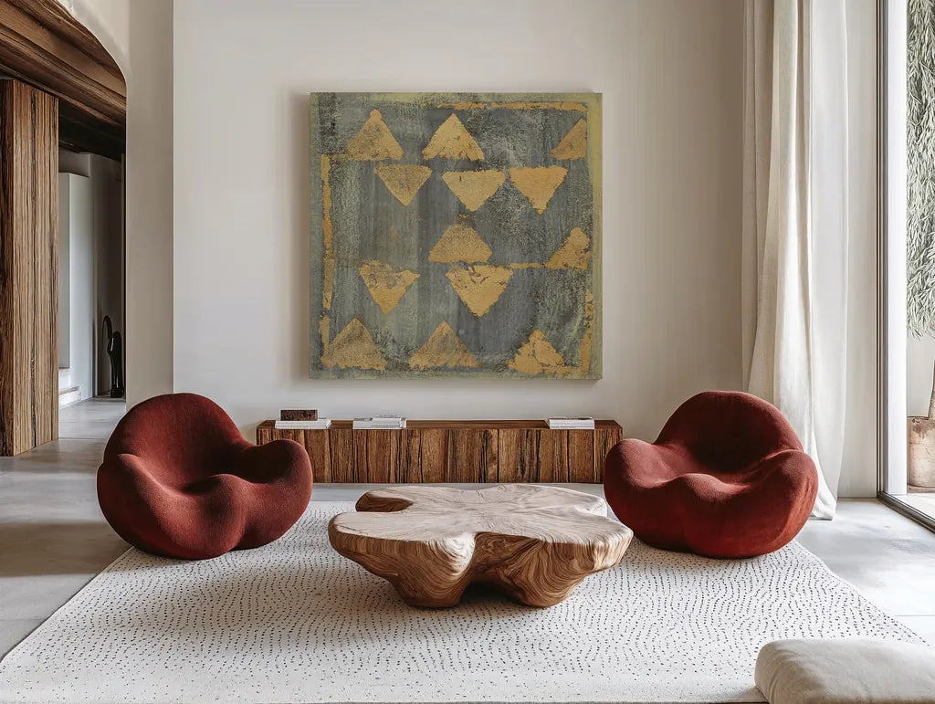 Gold Tapestry V Crop by Albena Hristova. Shown as extra-large giant wall art in a modern living room. Available as an archival giclee rolled canvas, fine art paper, or poster print. SKU 28155a.
