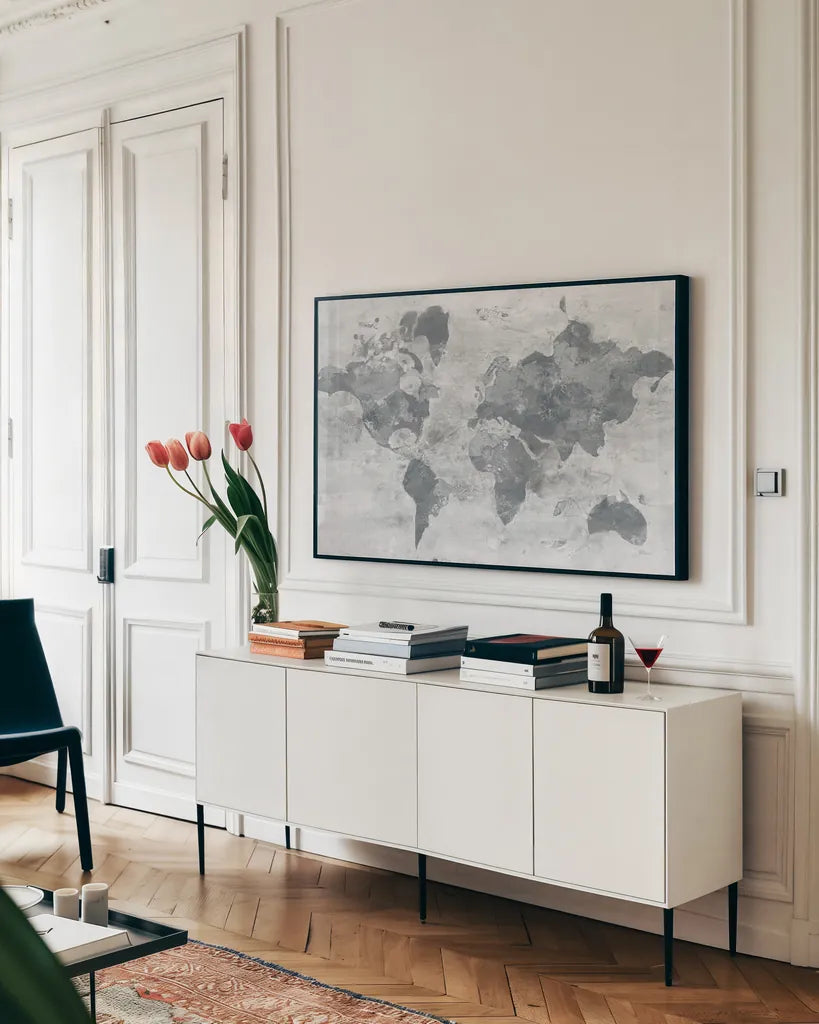 Golden World Gray by Albena Hristova. shown as a framed stretched canvas in a living room above a console. Available as a archival giclee rolled canvas, fine art paper, or poster print. SKU 35989i.