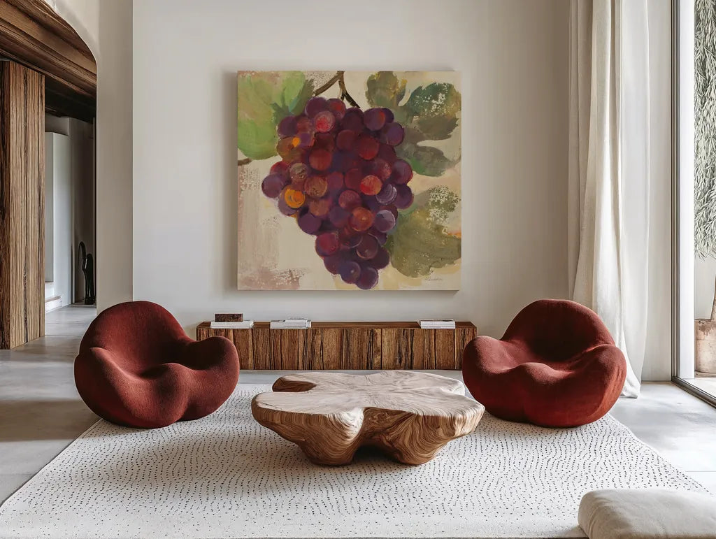 Grape Harvest II by Albena Hristova. Shown as extra-large giant wall art in a modern living room. Available as an archival giclee rolled canvas, fine art paper, or poster print. SKU 55223a.