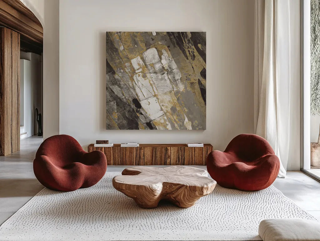 Hot Lava Neutral Flipped by Albena Hristova. Shown as extra-large giant wall art in a modern living room. Available as an archival giclee rolled canvas, fine art paper, or poster print. SKU 28415a.