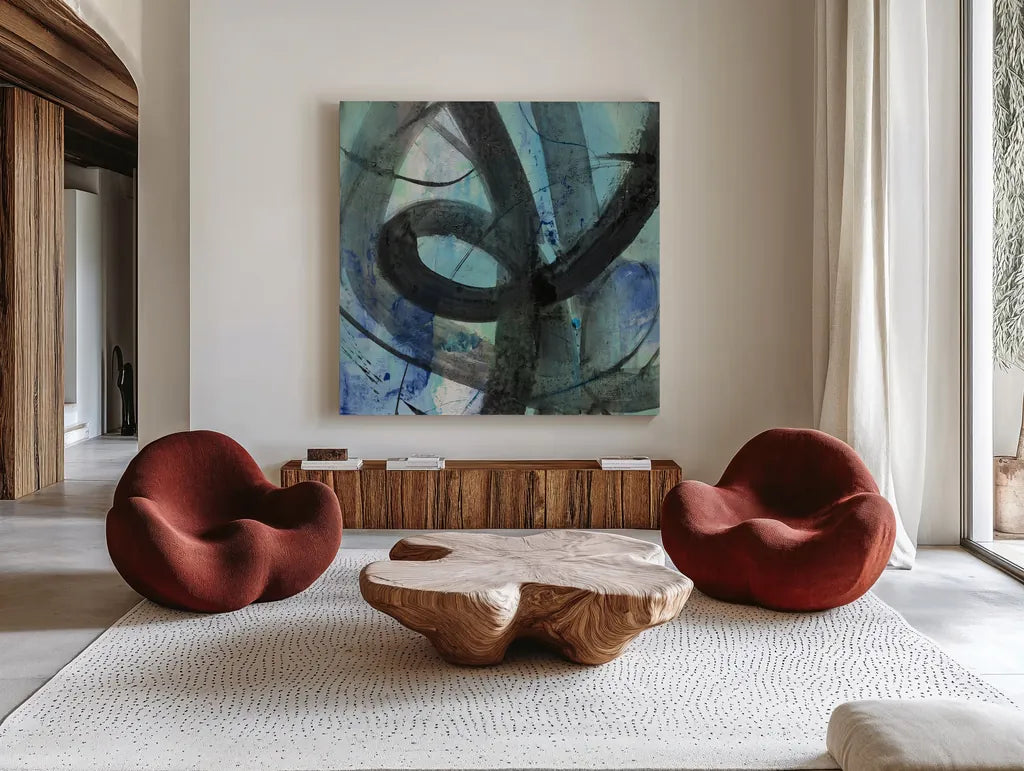 Into the Deep II by Albena Hristova. Shown as extra-large giant wall art in a modern living room. Available as an archival giclee rolled canvas, fine art paper, or poster print. SKU 64603a.