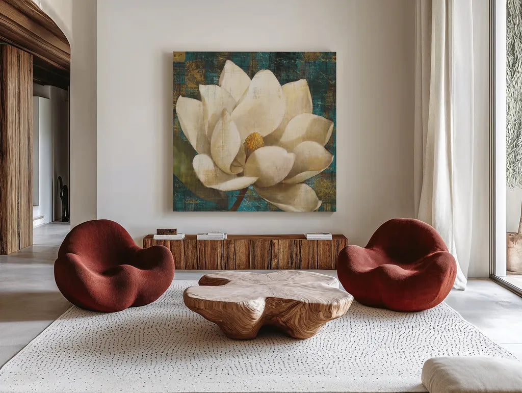 Magnolia Blossom Turquoise by Albena Hristova. Shown as extra-large giant wall art in a modern living room. Available as an archival giclee rolled canvas, fine art paper, or poster print. SKU 10839a.