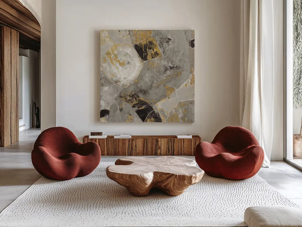 Painted Desert Neutral by Albena Hristova. Shown as extra-large giant wall art in a modern living room. Available as an archival giclee rolled canvas, fine art paper, or poster print. SKU 18642a.