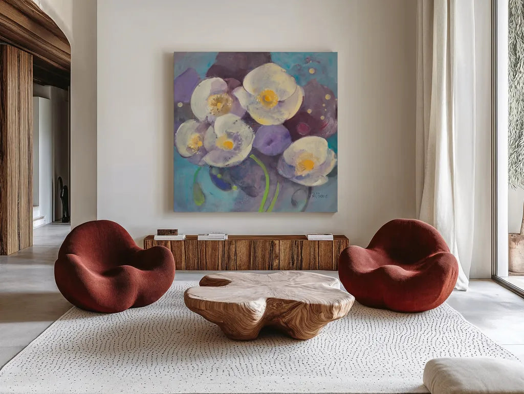 Papaver II by Albena Hristova. Shown as extra-large giant wall art in a modern living room. Available as an archival giclee rolled canvas, fine art paper, or poster print. SKU 18436a.