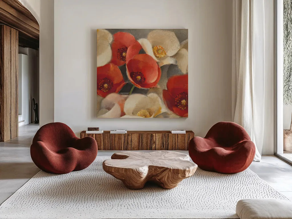 Poppies Bloom II by Albena Hristova. Shown as extra-large giant wall art in a modern living room. Available as an archival giclee rolled canvas, fine art paper, or poster print. SKU 8857a.