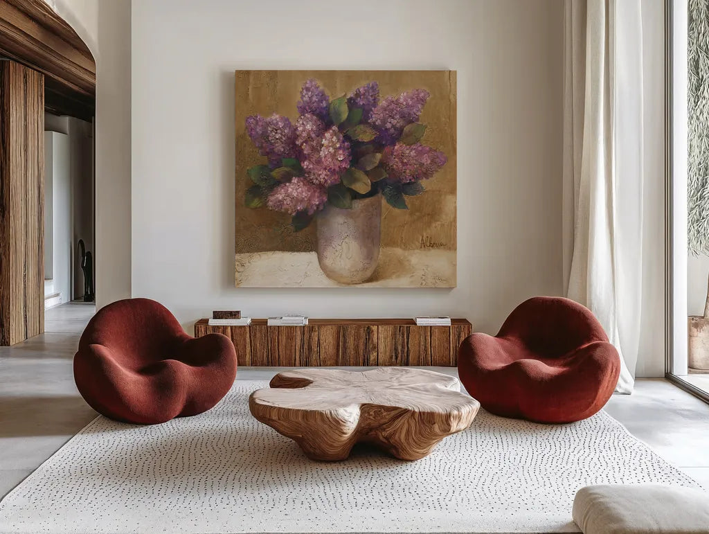 Purple Bouquet II by Albena Hristova. Shown as extra-large giant wall art in a modern living room. Available as an archival giclee rolled canvas, fine art paper, or poster print. SKU 4897a.
