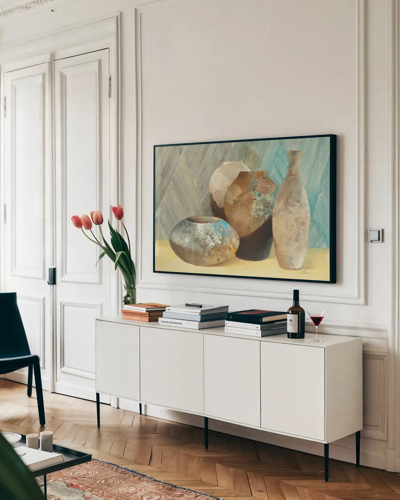 Raku Study III Crop by Albena Hristova. shown as a framed stretched canvas in a living room above a console. Available as a archival giclee rolled canvas, fine art paper, or poster print. SKU 10509i.