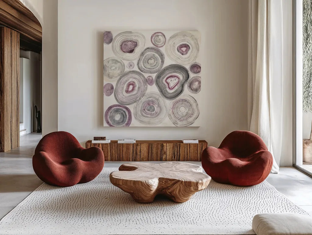 Rings of Power by Albena Hristova. Shown as extra-large giant wall art in a modern living room. Available as an archival giclee rolled canvas, fine art paper, or poster print. SKU 33942a.