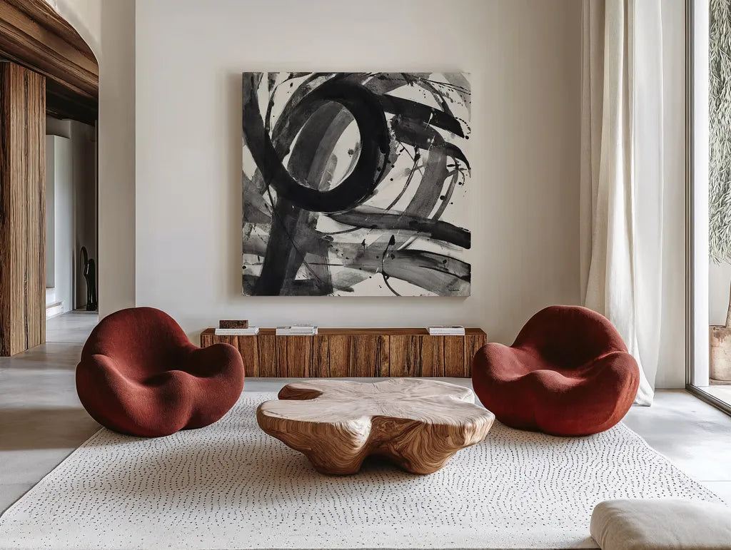 Roller Coaster II on White by Albena Hristova. Shown as extra-large giant wall art in a modern living room. Available as an archival giclee rolled canvas, fine art paper, or poster print. SKU 21907a.