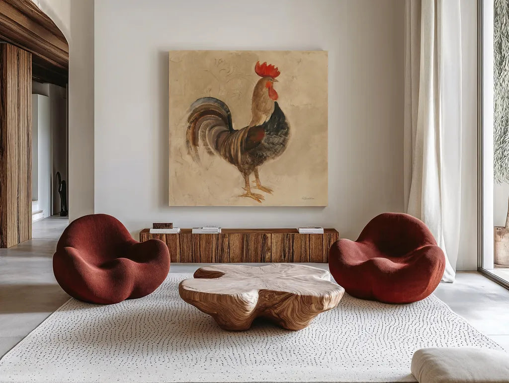 Rooster III by Albena Hristova. Shown as extra-large giant wall art in a modern living room. Available as an archival giclee rolled canvas, fine art paper, or poster print. SKU 54429a.