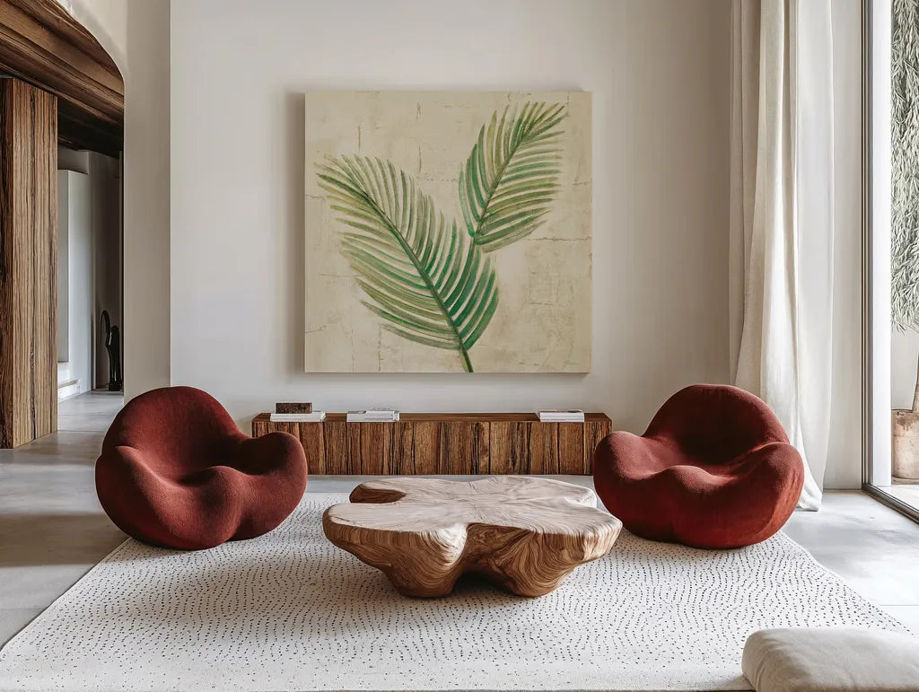 Sago Palm Leaves Neutral Crop by Albena Hristova. Shown as extra-large giant wall art in a modern living room. Available as an archival giclee rolled canvas, fine art paper, or poster print. SKU 24273a.