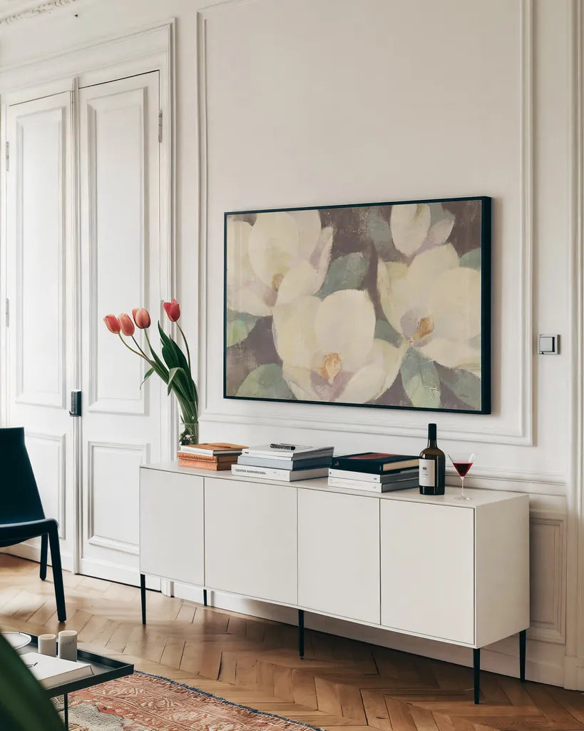 Sign of Spring v2 by Albena Hristova. shown as a framed stretched canvas in a living room above a console. Available as a archival giclee rolled canvas, fine art paper, or poster print. SKU 44773i.