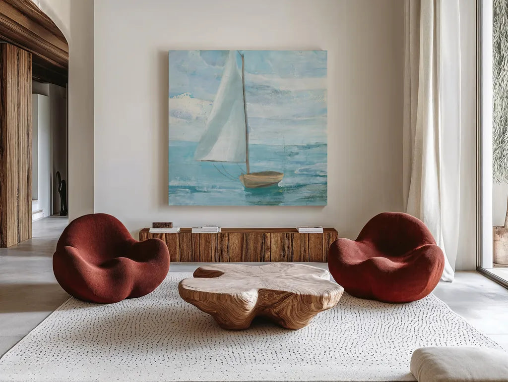 Silver Sail Bright by Albena Hristova. Shown as extra-large giant wall art in a modern living room. Available as an archival giclee rolled canvas, fine art paper, or poster print. SKU 61554a.