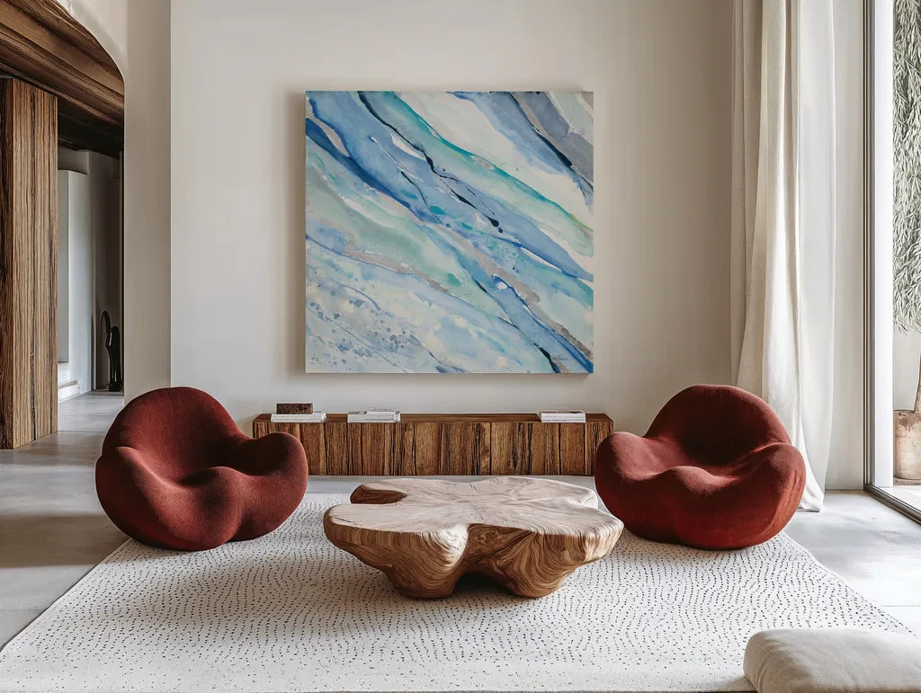 Silver Spring I by Albena Hristova. Shown as extra-large giant wall art in a modern living room. Available as an archival giclee rolled canvas, fine art paper, or poster print. SKU 43028a.