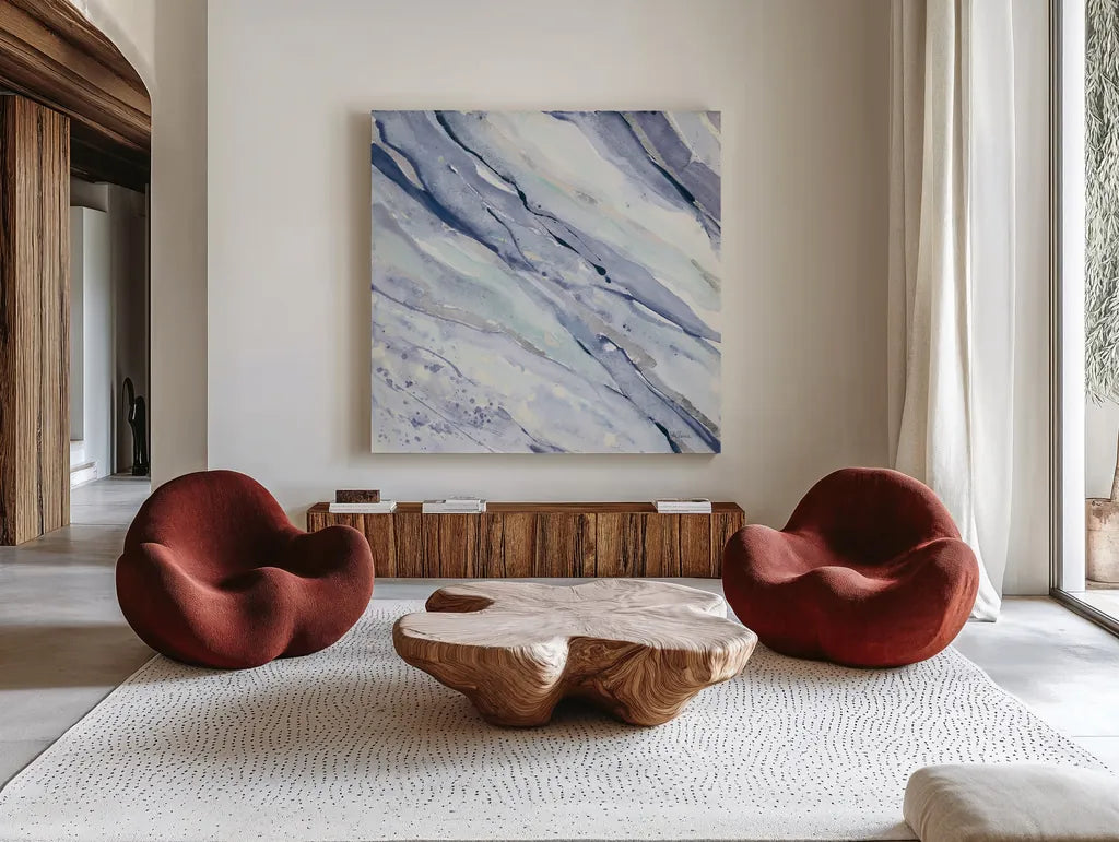 Silver Springs I Cool by Albena Hristova. Shown as extra-large giant wall art in a modern living room. Available as an archival giclee rolled canvas, fine art paper, or poster print. SKU 56959a.