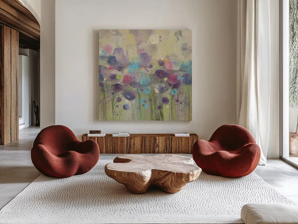 Spring Beauty Square by Albena Hristova. Shown as extra-large giant wall art in a modern living room. Available as an archival giclee rolled canvas, fine art paper, or poster print. SKU 19734a.