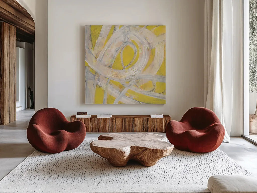 Sunshine Swirl by Albena Hristova. Shown as extra-large giant wall art in a modern living room. Available as an archival giclee rolled canvas, fine art paper, or poster print. SKU 64597a.