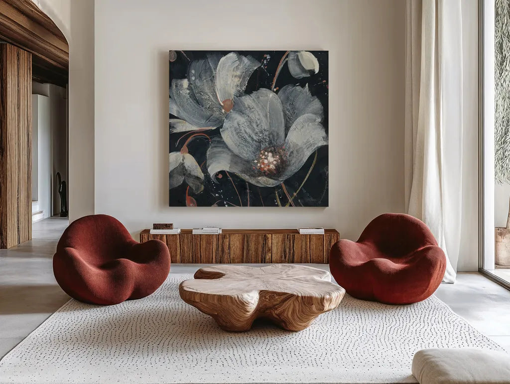 Translucent Poppies by Albena Hristova. Shown as extra-large giant wall art in a modern living room. Available as an archival giclee rolled canvas, fine art paper, or poster print. SKU 34623a.