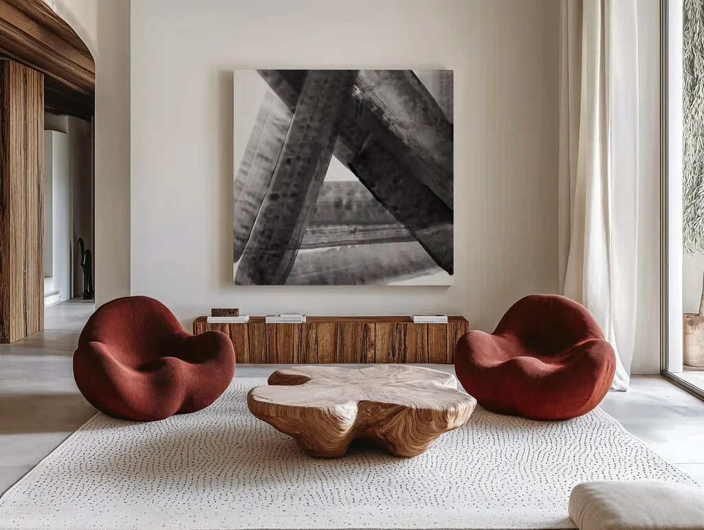 Under the Bridge II Dark Crop by Albena Hristova. Shown as extra-large giant wall art in a modern living room. Available as an archival giclee rolled canvas, fine art paper, or poster print. SKU 68429a.