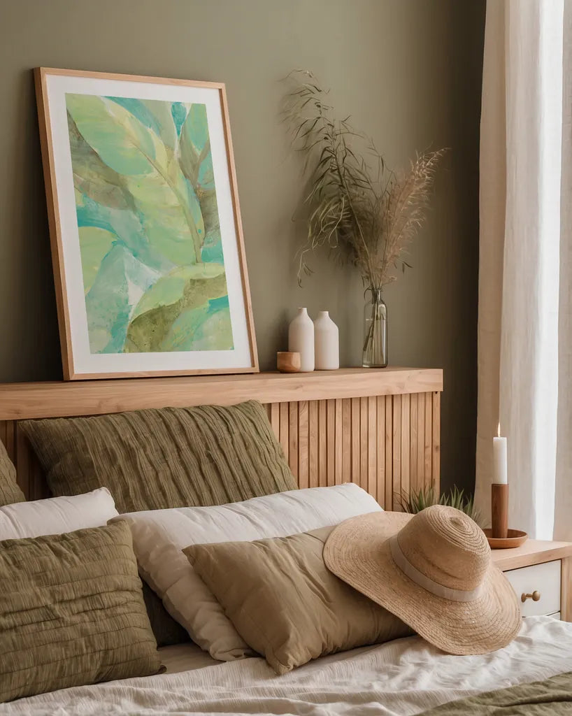 Under the Palms II by Albena Hristova. shown as a paper print in a natural frame. Available as a archival giclee rolled canvas, fine art paper, or poster print. SKU 38264h.