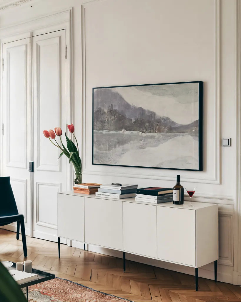 Winter Landscape Neutral Crop by Albena Hristova. shown as a framed stretched canvas in a living room above a console. Available as a archival giclee rolled canvas, fine art paper, or poster print. SKU 60556i.