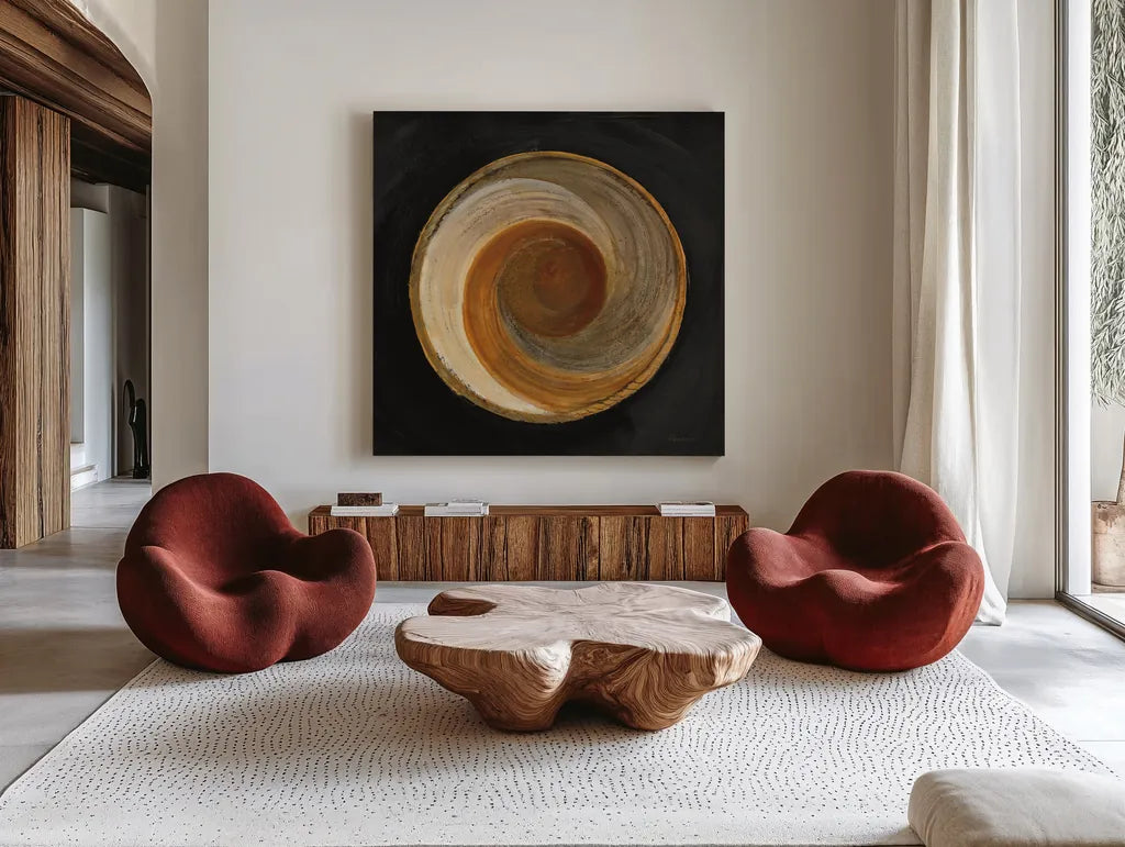 Woven Beauty I on Black by Albena Hristova. Shown as extra-large giant wall art in a modern living room. Available as an archival giclee rolled canvas, fine art paper, or poster print. SKU 59353a.