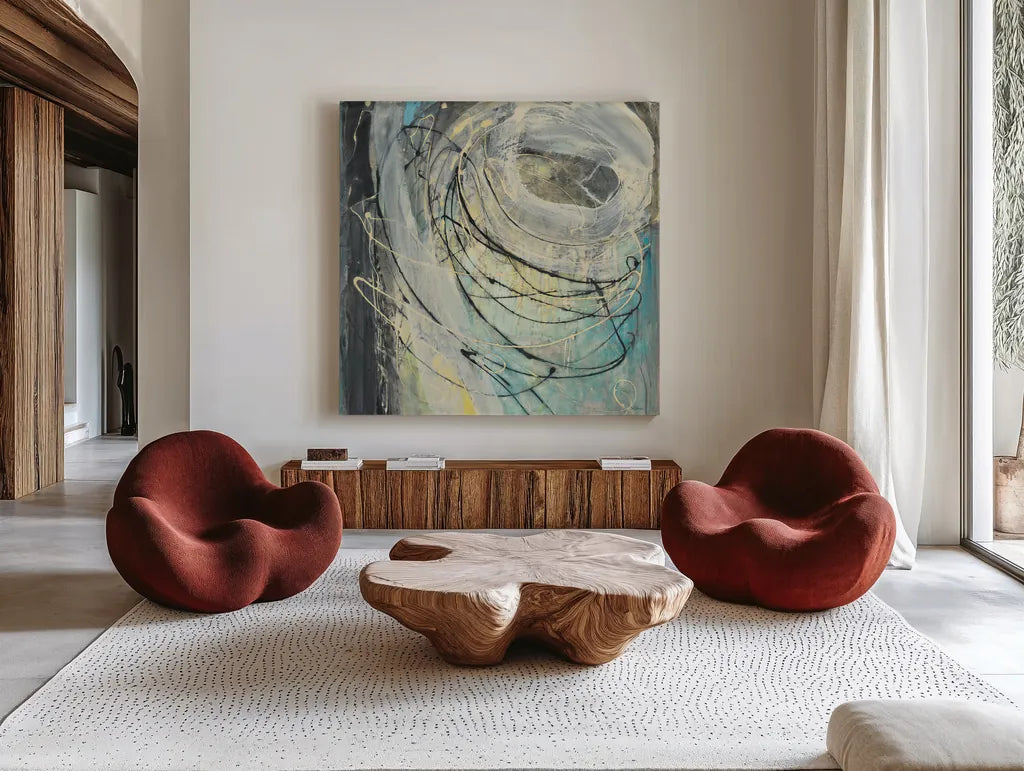 Yellow Tinted Twister by Albena Hristova. Shown as extra-large giant wall art in a modern living room. Available as an archival giclee rolled canvas, fine art paper, or poster print. SKU 46704a.