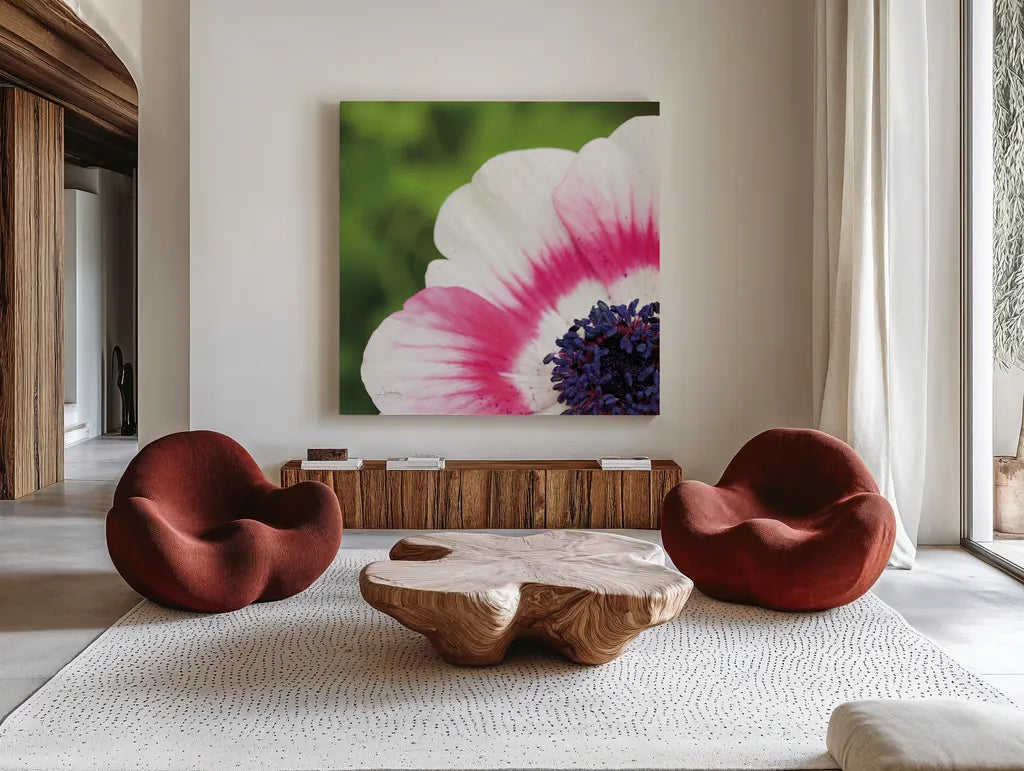 Anemone Blossom II Square by Aledanda. Shown as extra-large giant wall art in a modern living room. Available as an archival giclee rolled canvas, fine art paper, or poster print. SKU 37466a.
