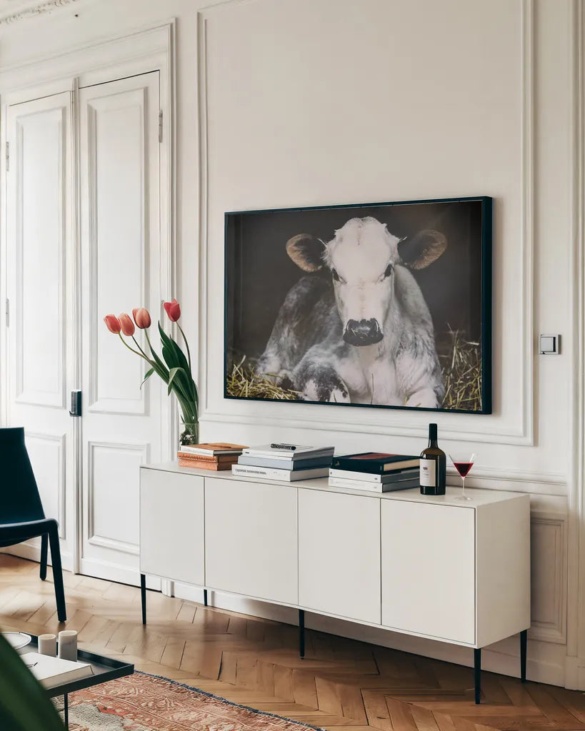 Busy Day Crop by Aledanda. shown as a framed stretched canvas in a living room above a console. Available as a archival giclee rolled canvas, fine art paper, or poster print. SKU 38315i.