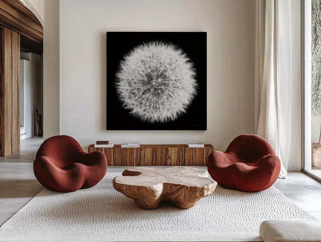Dandelion on Black I by Aledanda. Shown as extra-large giant wall art in a modern living room. Available as an archival giclee rolled canvas, fine art paper, or poster print. SKU 55250a.