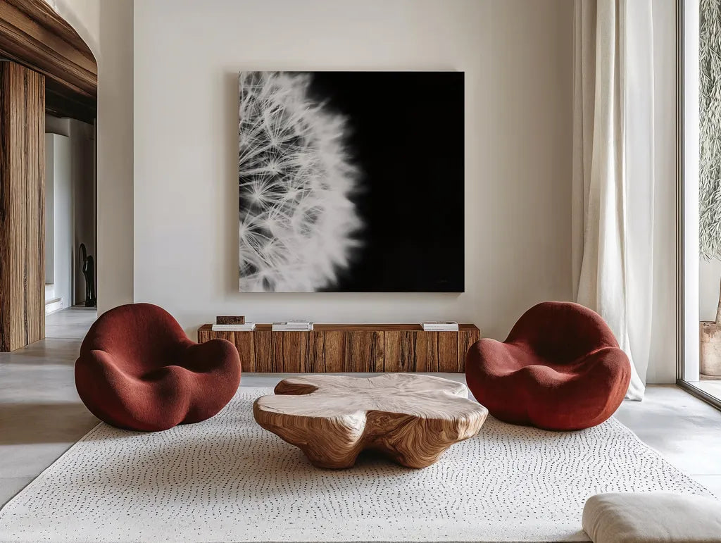 Dandelion on Black II by Aledanda. Shown as extra-large giant wall art in a modern living room. Available as an archival giclee rolled canvas, fine art paper, or poster print. SKU 55251a.