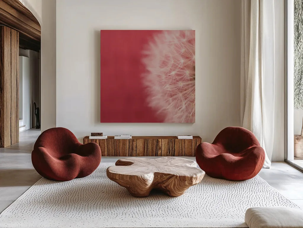 Dandelion on Red II by Aledanda. Shown as extra-large giant wall art in a modern living room. Available as an archival giclee rolled canvas, fine art paper, or poster print. SKU 55245a.