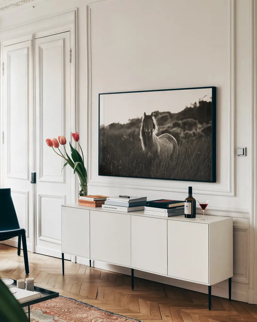 Evening Glow by Aledanda. shown as a framed stretched canvas in a living room above a console. Available as a archival giclee rolled canvas, fine art paper, or poster print. SKU 38298i.