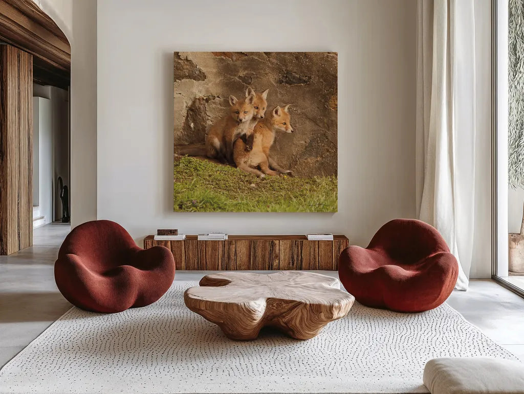 Fox Cubs III by Aledanda. Shown as extra-large giant wall art in a modern living room. Available as an archival giclee rolled canvas, fine art paper, or poster print. SKU 58254a.