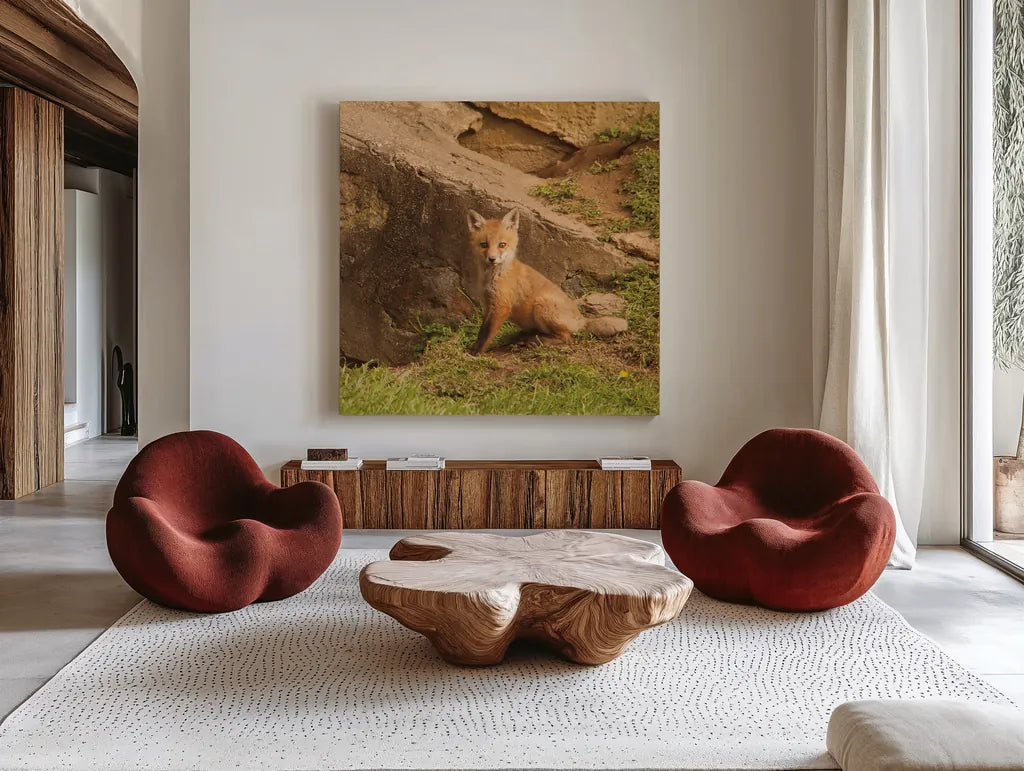 Fox Cubs IV by Aledanda. Shown as extra-large giant wall art in a modern living room. Available as an archival giclee rolled canvas, fine art paper, or poster print. SKU 58255a.