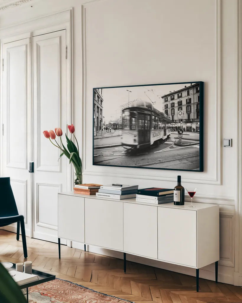 In Town by Aledanda. shown as a framed stretched canvas in a living room above a console. Available as a archival giclee rolled canvas, fine art paper, or poster print. SKU 47849i.