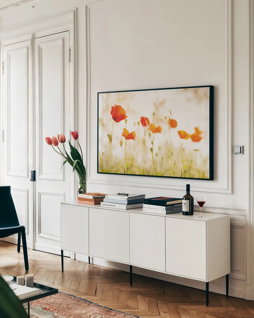 Meadow Poppies by Aledanda. shown as a framed stretched canvas in a living room above a console. Available as a archival giclee rolled canvas, fine art paper, or poster print. SKU 72739i.