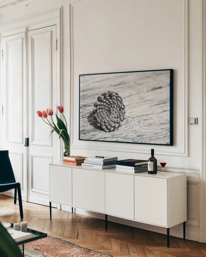 Pinecone by Aledanda. shown as a framed stretched canvas in a living room above a console. Available as a archival giclee rolled canvas, fine art paper, or poster print. SKU 55300i.