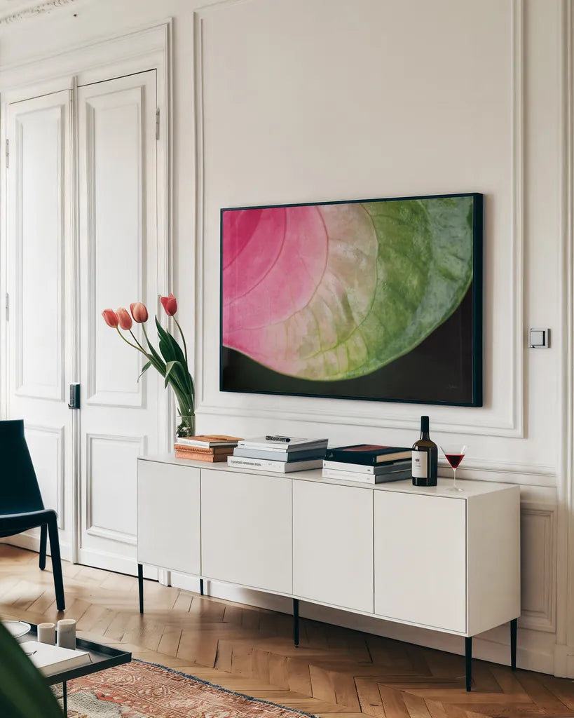 Pink and Green by Aledanda. shown as a framed stretched canvas in a living room above a console. Available as a archival giclee rolled canvas, fine art paper, or poster print. SKU 55301i.