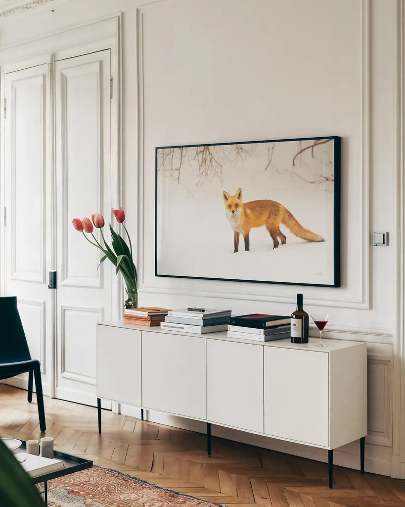 Red Fox IV by Aledanda. shown as a framed stretched canvas in a living room above a console. Available as a archival giclee rolled canvas, fine art paper, or poster print. SKU 53603i.