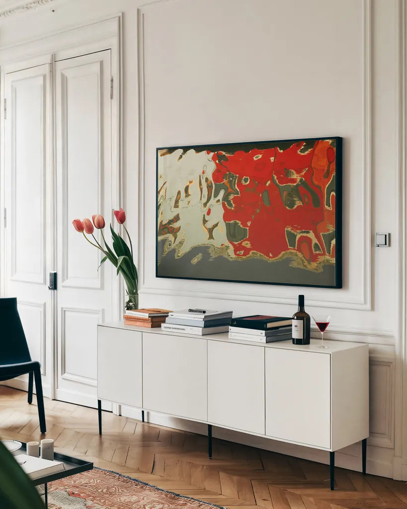 Reflections of Burano V by Aledanda. shown as a framed stretched canvas in a living room above a console. Available as a archival giclee rolled canvas, fine art paper, or poster print. SKU 41598i.