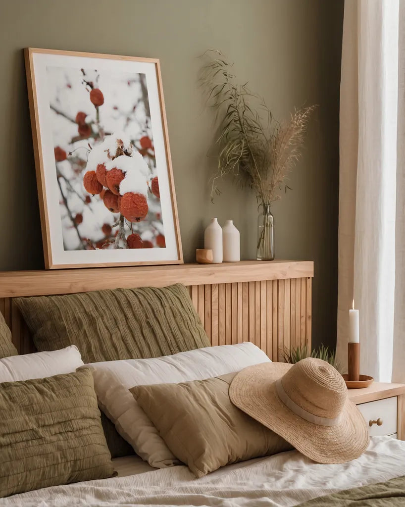 Snowcapped by Aledanda. shown as a paper print in a natural frame. Available as a archival giclee rolled canvas, fine art paper, or poster print. SKU 60996h.