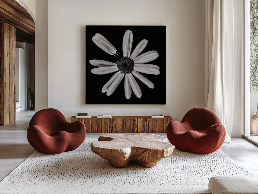 Yellow Flower IV by Aledanda. Shown as extra-large giant wall art in a modern living room. Available as an archival giclee rolled canvas, fine art paper, or poster print. SKU 55263a.