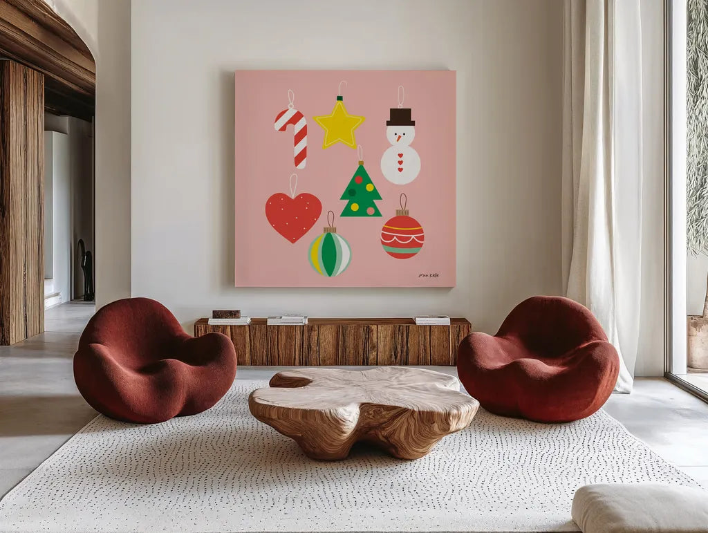 Christmas Ornaments by Ann Kelle. Shown as extra-large giant wall art in a modern living room. Available as an archival giclee rolled canvas, fine art paper, or poster print. SKU 81226a.