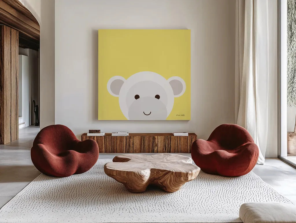 Cuddly Monkey by Ann Kelle. Shown as extra-large giant wall art in a modern living room. Available as an archival giclee rolled canvas, fine art paper, or poster print. SKU 55593a.