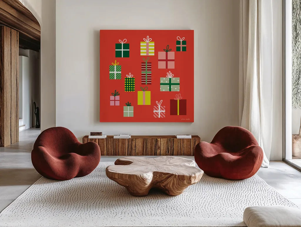 Presents by Ann Kelle. Shown as extra-large giant wall art in a modern living room. Available as an archival giclee rolled canvas, fine art paper, or poster print. SKU 81235a.