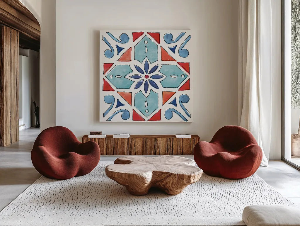 Americana Mood XI by Anne Tavoletti. Shown as extra-large giant wall art in a modern living room. Available as an archival giclee rolled canvas, fine art paper, or poster print. SKU 56121a.