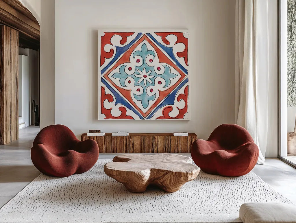 Americana Mood XII by Anne Tavoletti. Shown as extra-large giant wall art in a modern living room. Available as an archival giclee rolled canvas, fine art paper, or poster print. SKU 56122a.
