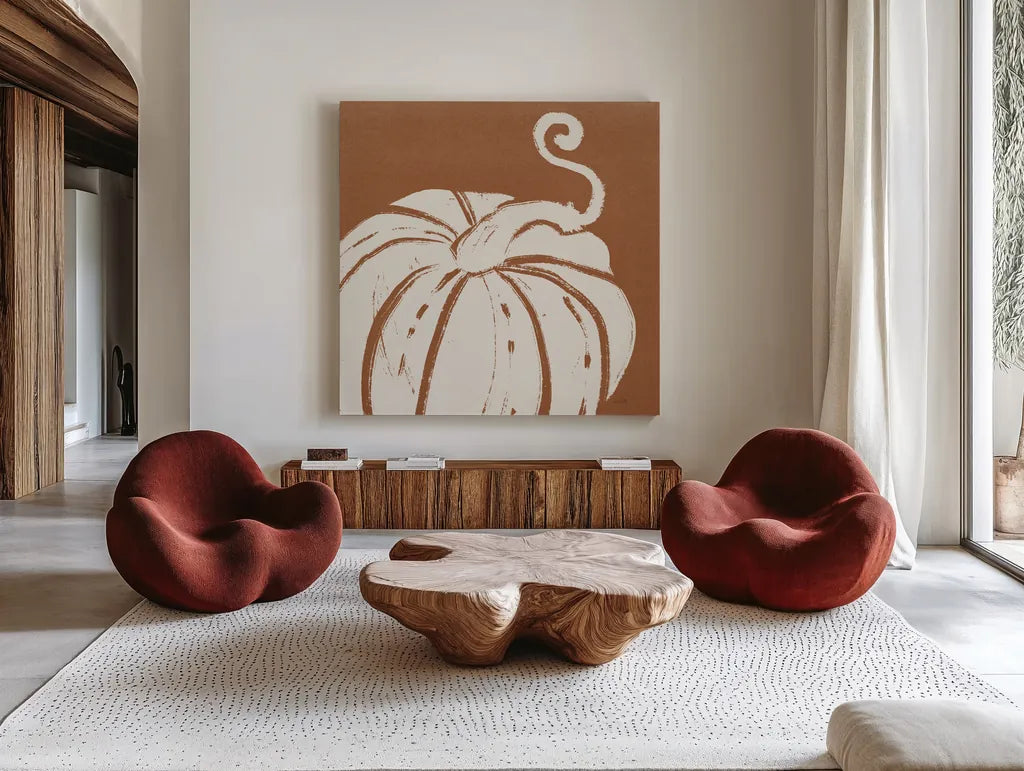 Autumn Tones VI Dark Orange by Anne Tavoletti. Shown as extra-large giant wall art in a modern living room. Available as an archival giclee rolled canvas, fine art paper, or poster print. SKU 80629a.
